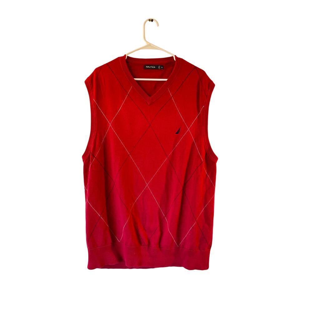 Nautica Men’s XL Red Argyle Cotton Knit Sweater Vest V-Neck Pullover Classic